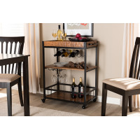 Baxton Studio SR1803010-Oak Brown/Black Cerne Vintage Rustic Industrial Oak Brown and Black Finished Mobile Metal Bar Cart with Wine Bottle Rack
